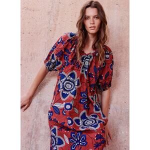 SUNDRY Anthropologie Exploded Floral Puff Sleeve Midi Dress In Brick Sz 1 Small